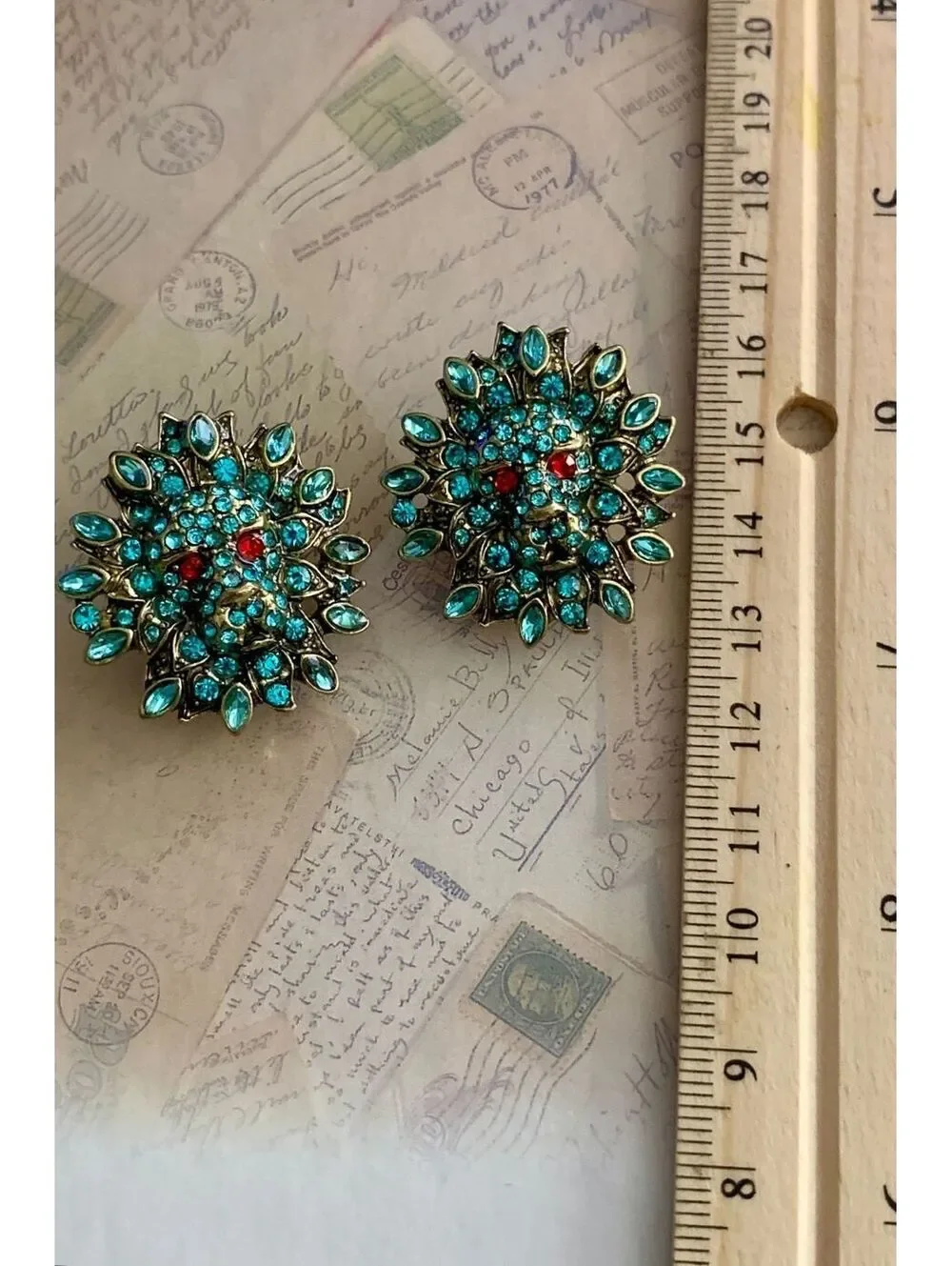 Sparkling Lion Head Clip-On Earrings with Turquoise & Red Rhinestones
